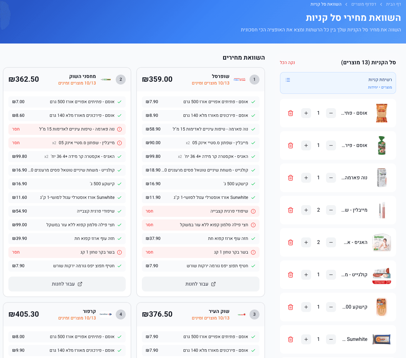 השוואת סל קניות - תצוגה ראשונה