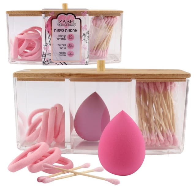 איזבל - מארז 30 קיסמי אוזניים + 10 גומיות לשיער + 2 ספוגיות איפור
