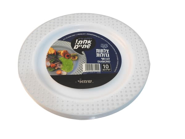 צלחות גדול לבן כסף 10 יח'  כשל''פ אחת שתיים ר. שמאי