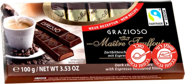 שוקולד מריר 70% במילוי אספרסו 100 גר