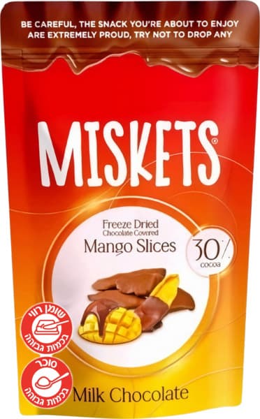 מיסקטס מנגו מיובש מצופה שוקולד חלב 80 גר