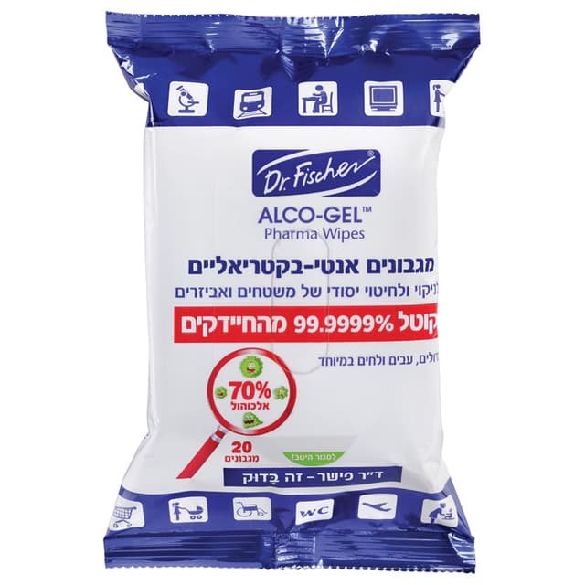 אלכו-ג'ל פארמה וויפס מגבונים אנטי-בקטריאליים לחיטוי של משטחים ואביזרים- 70% אלכוהול