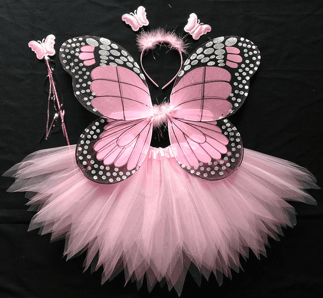 סט תחפושת לפרפר ורוד כולל כנפיים, חצאית קשת ושרביט על