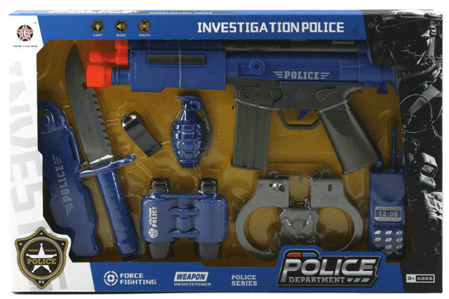 סט שוטר כולל רובה אזיקים סכין קומנדו מכשיר קשר רימון משרוקית ומשקפת