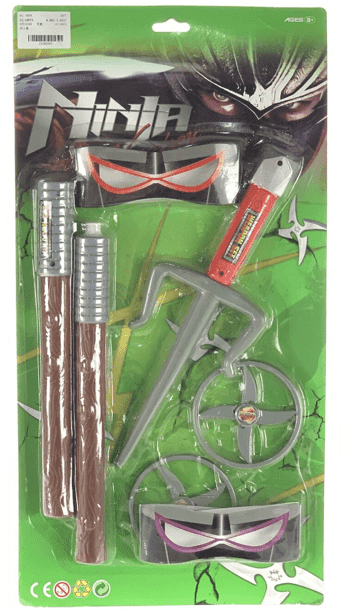 ערכת נינג'ה כולל פגיון מקל 2 דיסקיות ו 2 מסכות עיניים סגול ואדום