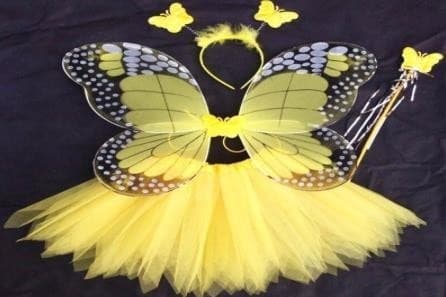 סט תחפושת לפרפר צהוב כולל כנפיים, חצאית קשת ושרביט