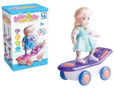 בובת נסיכת הקרח על סקייטבוארד כולל אורות ומוזיקה