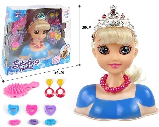 ראש בובה נסיכת הקרח כולל עגילים ואביזרי טיפוח