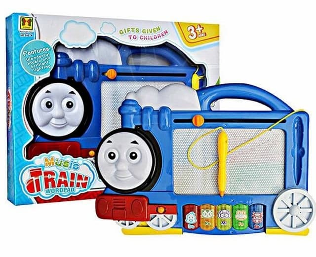 לוח ציור צבעוני כולל אורגן צלילם בצורת קטר