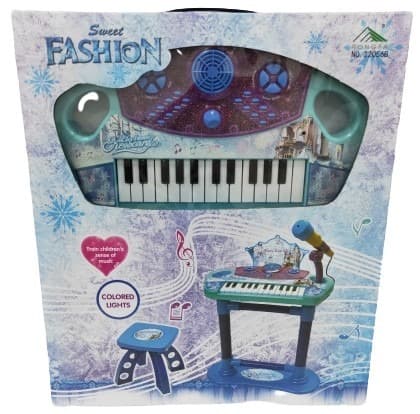 מעמד פסנתר כחול כולל מקרופון וכסא