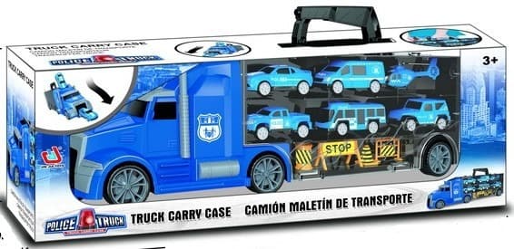 משאית מזוודה משטרה כוללת 6 כלי תחבורה ואביזרים כולל מגלשת יציאה למכוניות