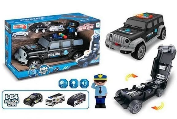 ג'יפ רנגלר משטרה גורר 3 מכוניות משטרה כולל אורות מוזיקה וסוללות