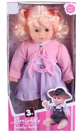 בובה בת שמלה סגולה נקודות איכותית גודל 35 ס"מ כולל מוזיקה