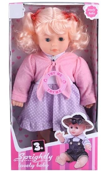 בובה בת שמלה סגולה נקודות איכותית גודל 35 ס"מ כולל מוזיקה