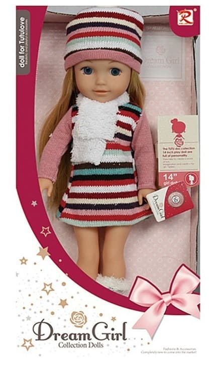 בובה איכותית עם שמלת סריג וכובע צבעוני כולל מוזיקה