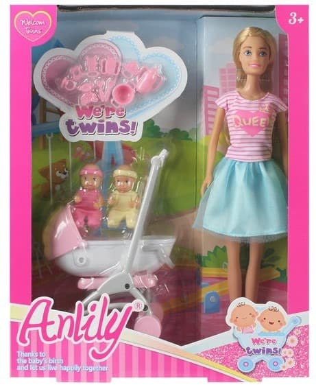 בובת ANLILY אמא ו 2 תינוקות כולל עגלה ואביזרים