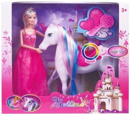 בובה נסיכה וסוס חד קרן עם שיער צבעוני