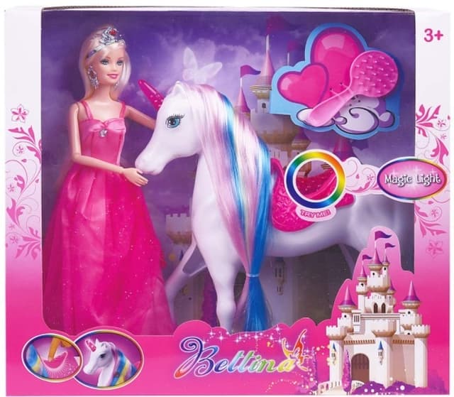 בובה נסיכה וסוס חד קרן עם שיער צבעוני