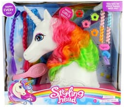 ראש בובה חד קרן גדול עם שיער צבעוני כולל מסרק קוקיות ואביזרים לשיער