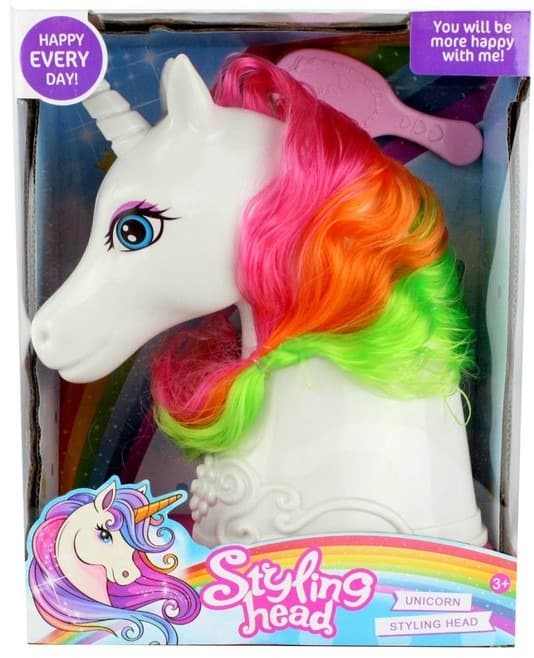 ראש בובה חד קרן קטן עם שיער צבעוני כולל מסרק לשיער