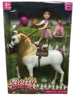 בובת ילדה רוכבת על סוס פוני לבן עם שיער כולל אביזרים