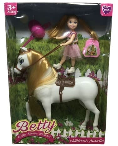 בובת ילדה רוכבת על סוס פוני לבן עם שיער כולל אביזרים