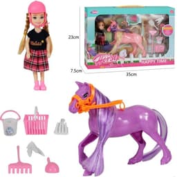 בובת ילדה רוכבת על סוס פוני וורוד עם שיער כולל כובע
