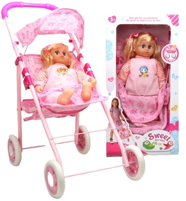 עגלה טיולון גלגלים איכותיים עם תינוקת בת גובה 48 ס"מ
