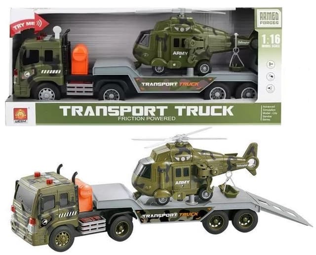 משאית גוררת מסוק צבאי כולל צלילים ואורות גודל 36 ס"מ כולל סוללות