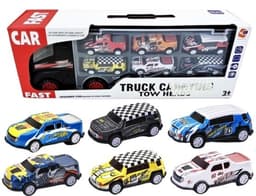 משאית טריילר גוררת 6 מכוניות מרוץ מתכת קטנות