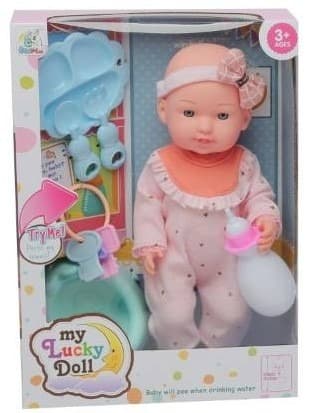 בובה עושה פיפי עם שינר וסרט ראש פפיון כולל סיר וכלי אוכל כולל מוזיקה