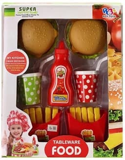 ערכת זוג ארוחת ילדים כולל זוג המבורגרים צ'פס שתיה וקטשופ