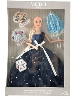 בובה עם שמלה מפוארת כחולה כולל מטריה וכובע