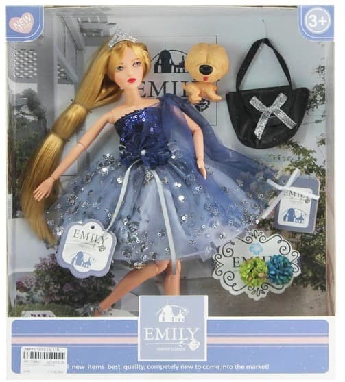 בובת אופנה EMILY עם שמלה מפוארת כחולה ותיק
