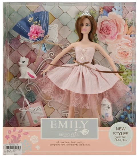 בובת אופנה EMILY עם שמלה מפוארת ורודה חתול וזר פרחים