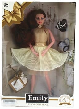 בובת אופנה EMILY עם שמלה מפוארת ביז' תכשיטים ותיק