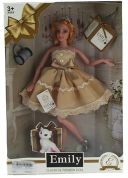 בובת אופנה EMILY עם שמלה מפוארת חומה חתול ותיק