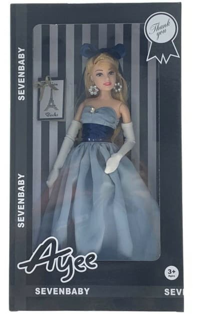 בובת אופנה EMILY עם שמלת נשף מפוארת תכלת קשת ראש ועגילים