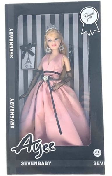 בובת אופנה EMILY עם שמלת נשף מפוארת ורודה כתר ראש ועגילים