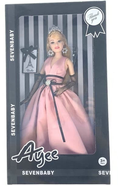 בובת אופנה EMILY עם שמלת נשף מפוארת ורודה כתר ראש ועגילים