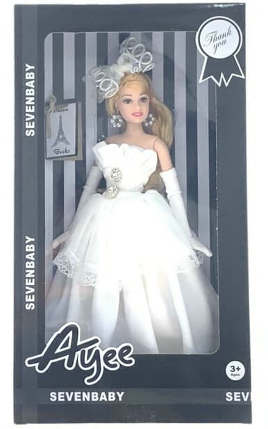 בובת אופנה EMILY עם שמלת נשף מפוארת לבנה קשת ראש ועגילים