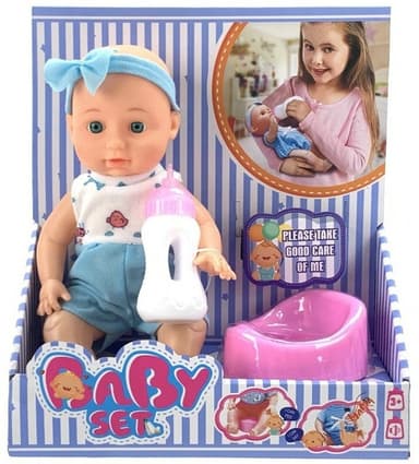 בובה בן עם סרט ראש פפיון גודל 36 ס"מ כולל סיר ובקבוק כולל מוזיקה