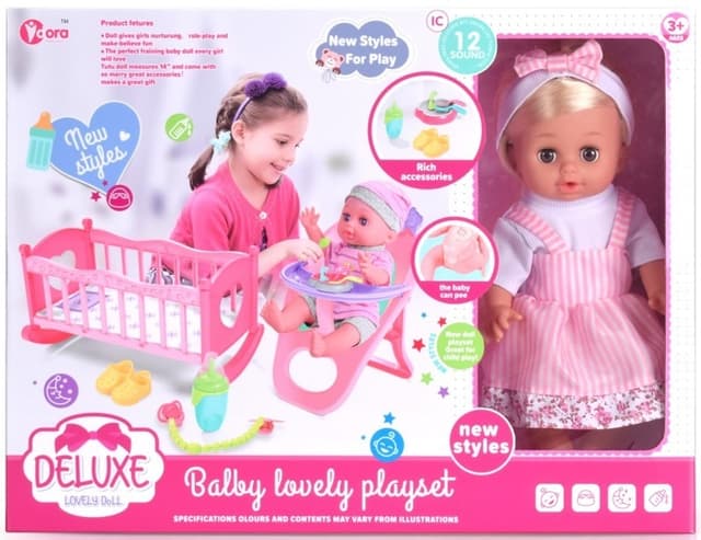 בובה איכותית עם סרט ראש גודל 36 ס"מ כולל כסא אוכל ולול כולל מוזיקה