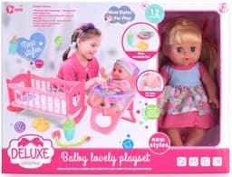 בובה איכותית עם שמלה גודל 36 ס"מ כולל כסא אוכל ולול כולל מוזיקה