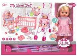 בובה איכותית עם סרט ראש גודל 36 ס"מ כולל עגלה כסא אוכל ולול ואביזרים כולל מוזיקה