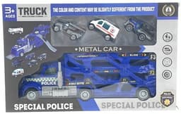 משאית גרר כולל 3 מכוניות משטרה מתכת כולל 2 מגלשות