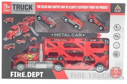 משאית גרר כולל 3 מכוניות כיהוי אש מתכת כולל 2 מגלשות