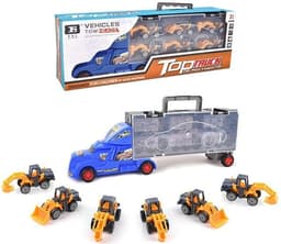 משאית גרר כולל 6 מכוניות עבודה במזוודה כולל מגלשה