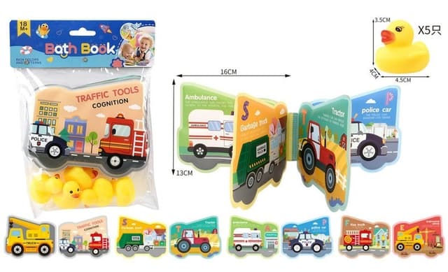 ספר אמבטיה תחבורה כולל 5 ברווזונים מצפצפים לאמבטיה