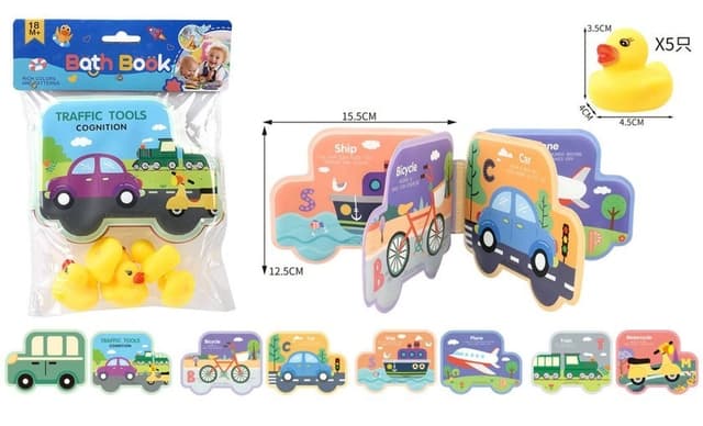 ספר אמבטיה תחבורה כולל 5 ברווזונים מצפצפים לאמבטיה